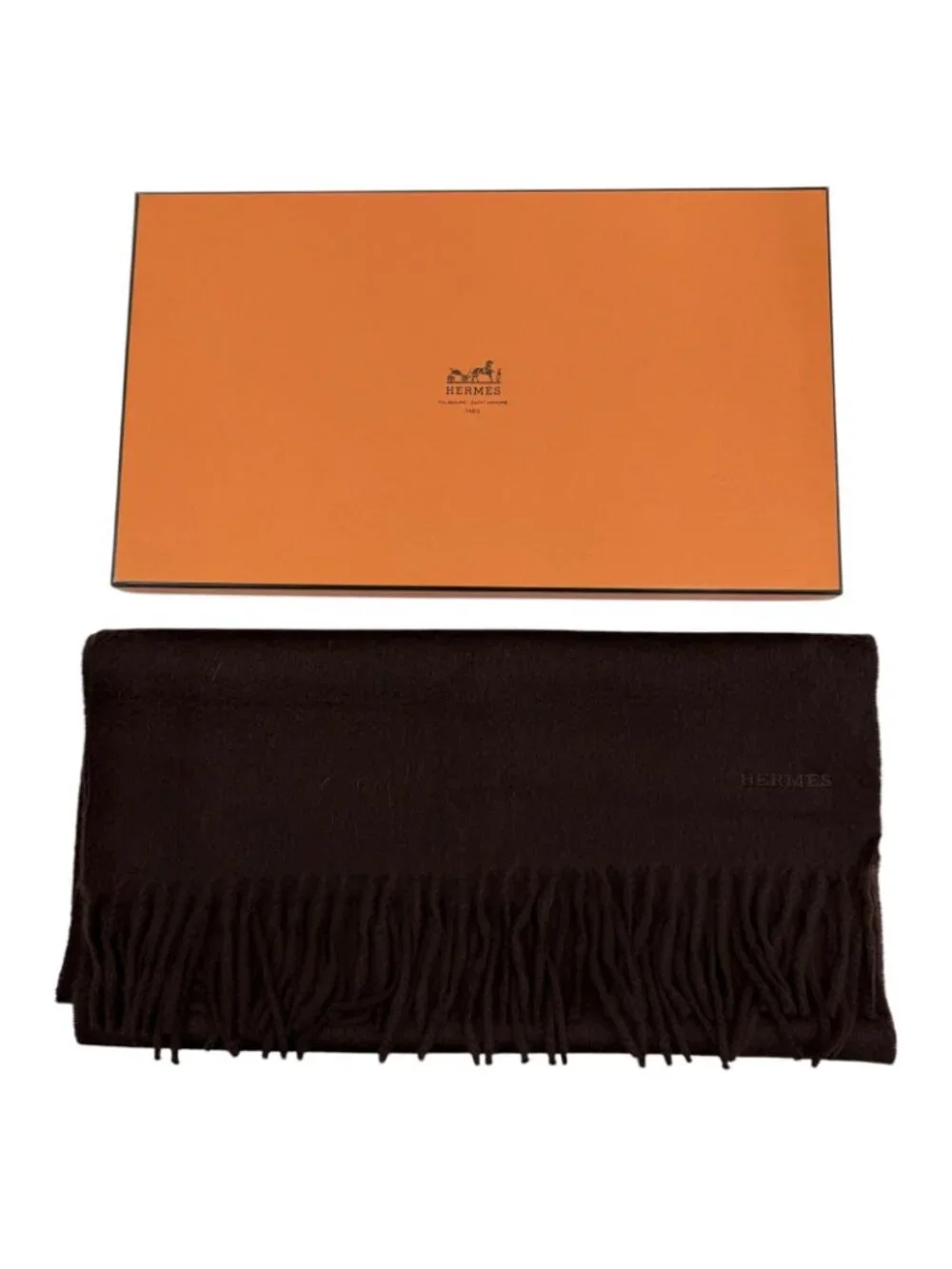 Hermes Rectoverso Cashmere Logo Embroidery Scarf with Fringe Brown - Picture 2 of 9